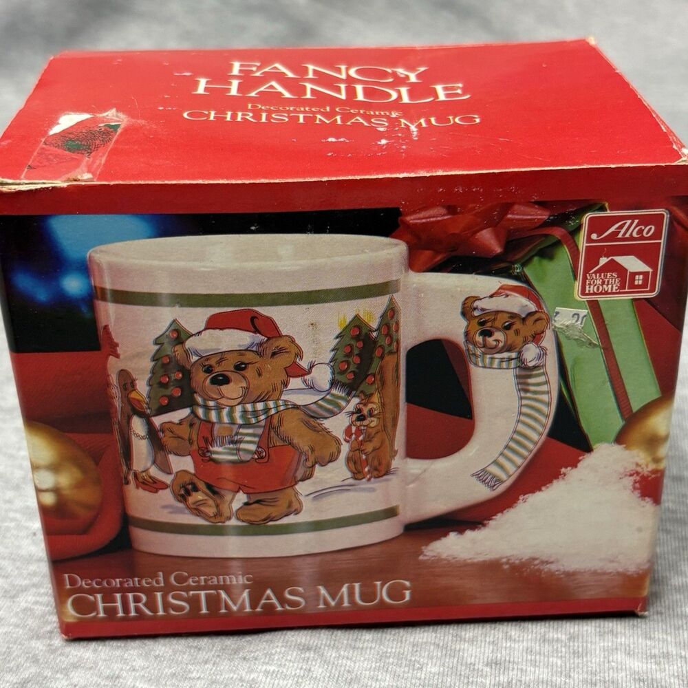 Vintage Alco Fancy Handle Teddy Bear Christmas‎ Stocking Mug Coffee Cup In Box - Picture 7 of 8